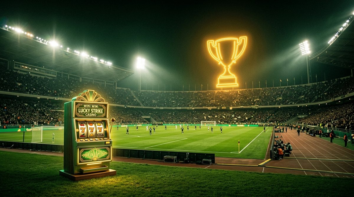 Stadion sepak bola malam hari dengan kabinet mesin slot bernuansa emas di pinggir lapangan