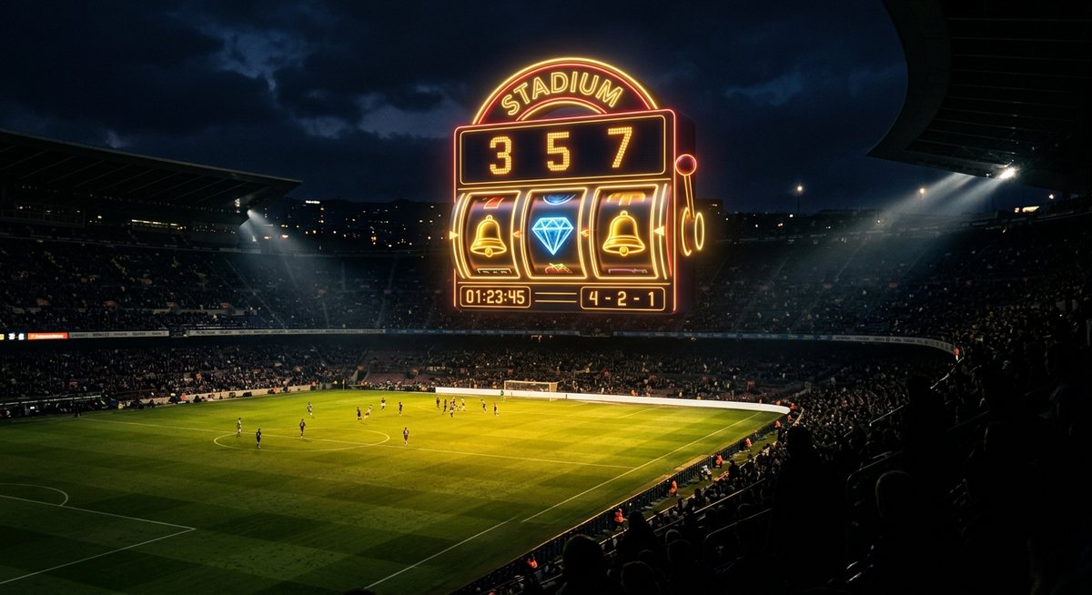 Papan skor bergaya mesin slot menampilkan angka kejutan dengan gulungan simbol bel dan berlian bersinar di stadion gelap