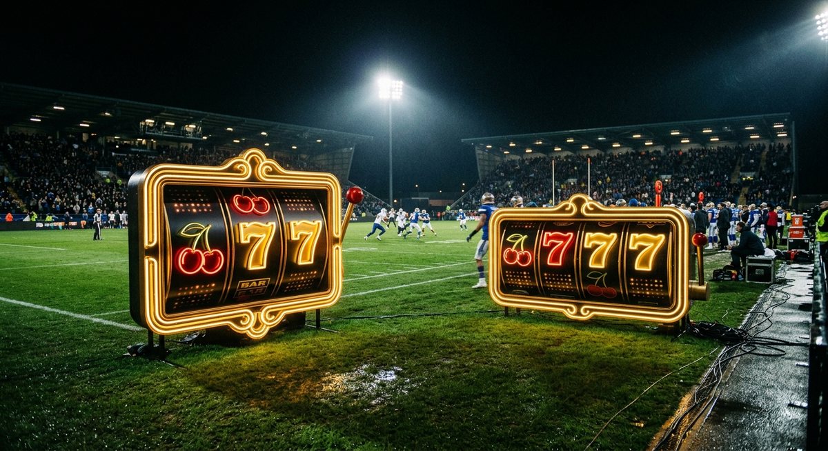 Lampu stadion malam menyala di atas lapangan hijau dengan gulungan slot menampilkan simbol ceri dan tujuh di sisi lapangan